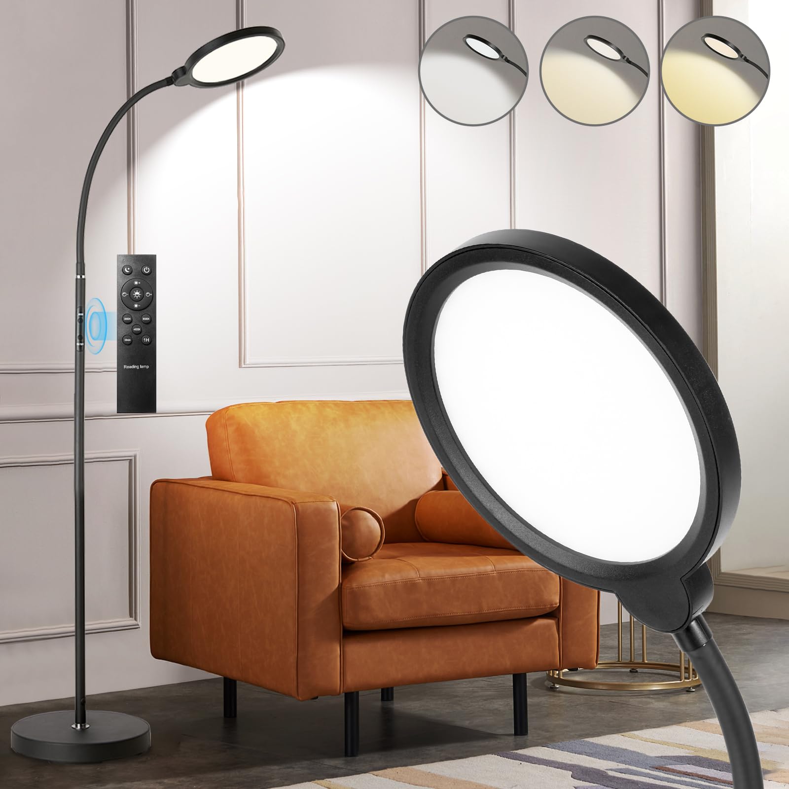 Lámpara de pie LED, luz de lectura, lámparas de pie modernas y brillantes, 3 temperaturas de color y brillo, lámpara de pie ajustable con cuello de cisne con control remoto y control táctil para sala