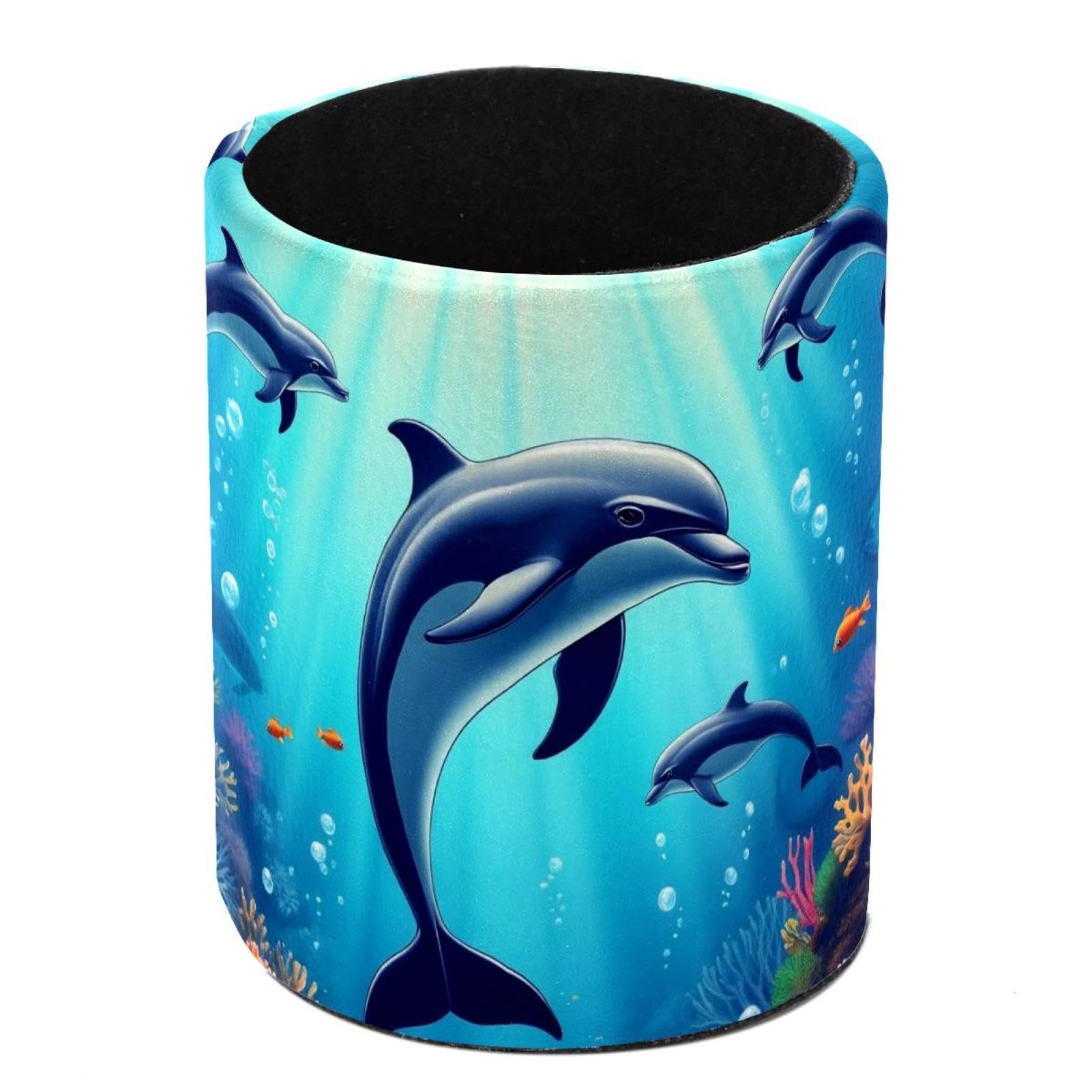 HEOEH Dolphins Pen Holder for Desk, PU Leather Pencil Holder Pen Cup Marker Holder Makeup Brush Holders, Desk Accessories & Workspace Organizers for Home, Office
