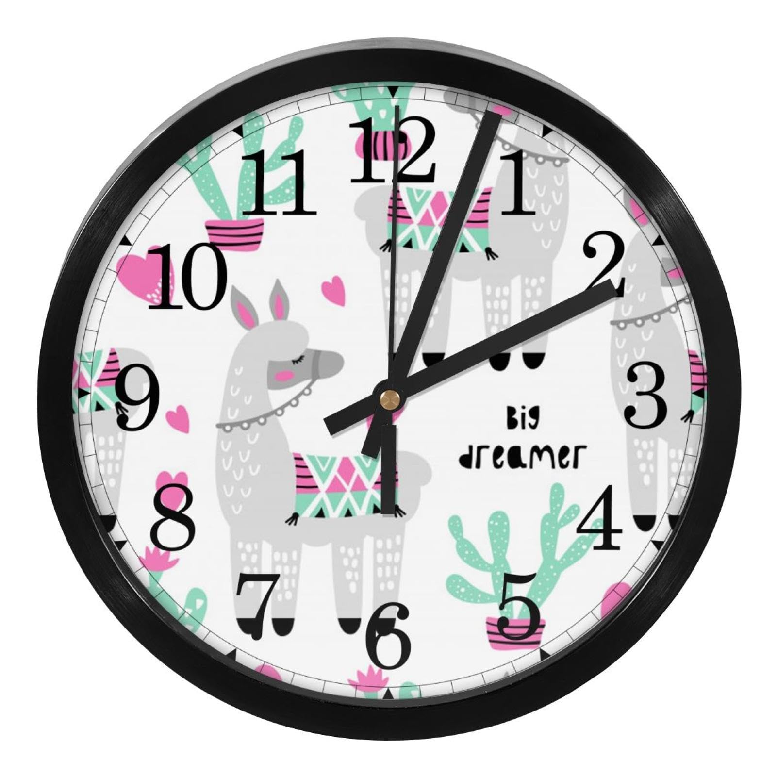 Big Dreamer Cacuts and Llama Non-Ticking Wall Clocks, Battery Operated Silent Wall Clock for Bedroom Living Kitchen Office Home Art Decor