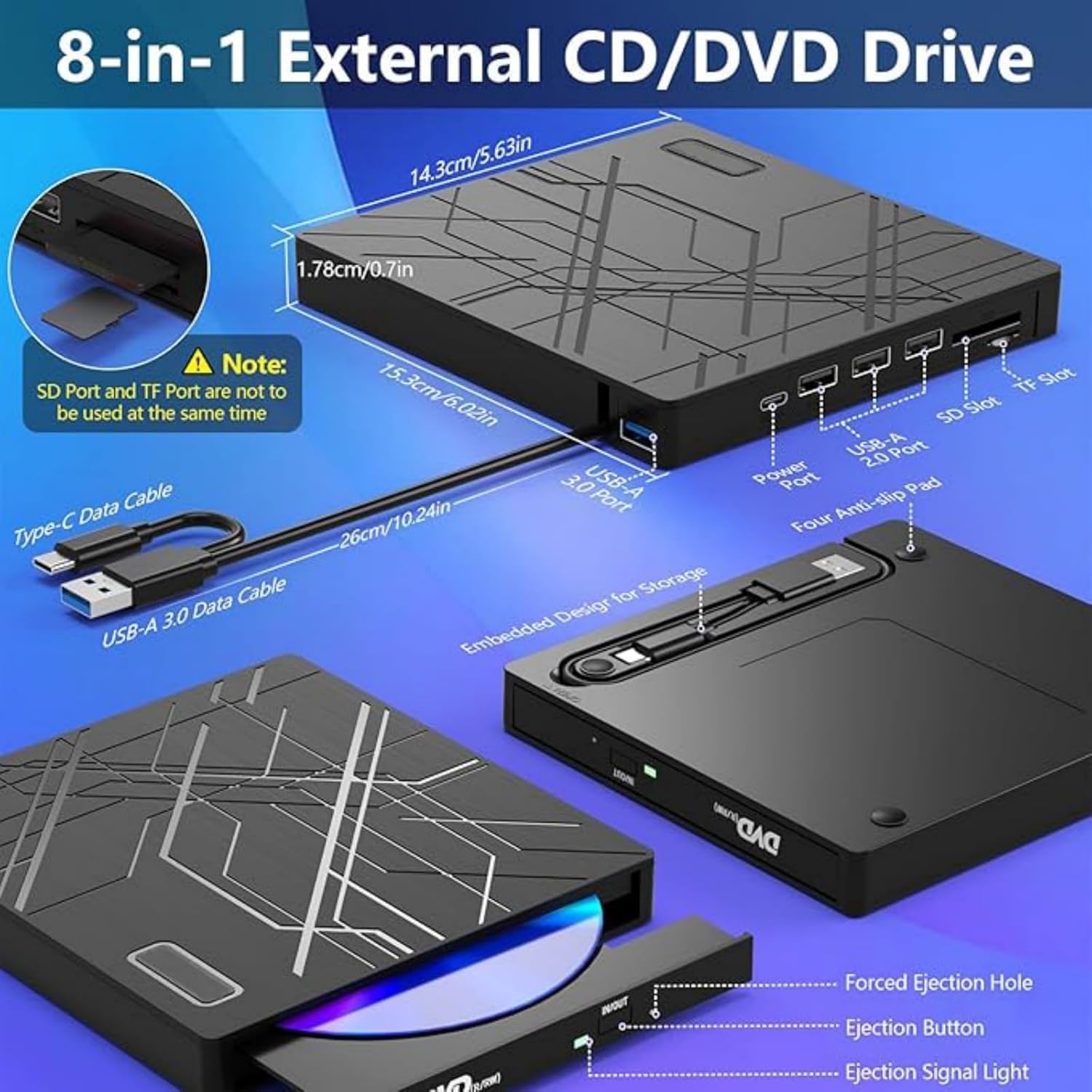 External Disc Drive With USB3.0 Type C Double Port Highly Speed Burning Brushed Texture For Computer Data Management External Cds/dvds Drive USB Type C Double Interfaces