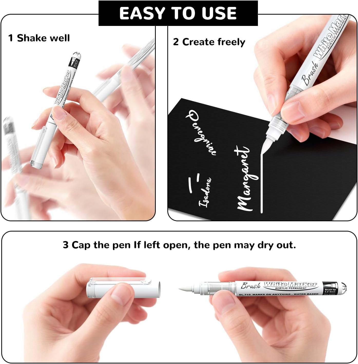 Guangna White Acrylic Paint Markers, Direct Liquid Ink Pens with Brush Tip, Permanent White Paint Pens for Fabric Rock Painting, Wood, Canvas, Glass, Ceramic & Black Paper, Quick-Drying DIY Crafts