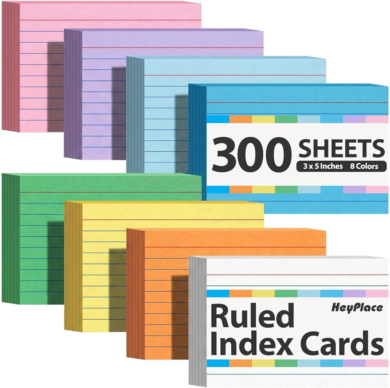300Count Colored Index Cards 3x5, Ruled & Blank Flash Cards 8 Color Portable Note Taking, School Supplies for Students, Teachers, College, Study Organizing Notes
