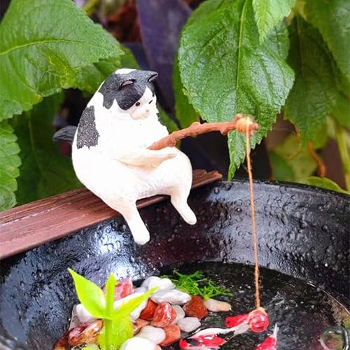 Miniatura 4 de Decoración de acuario de gato de pesca en miniatura, mini estatua de animales, decoración de animales de acuario, juego de figuras en miniatura para