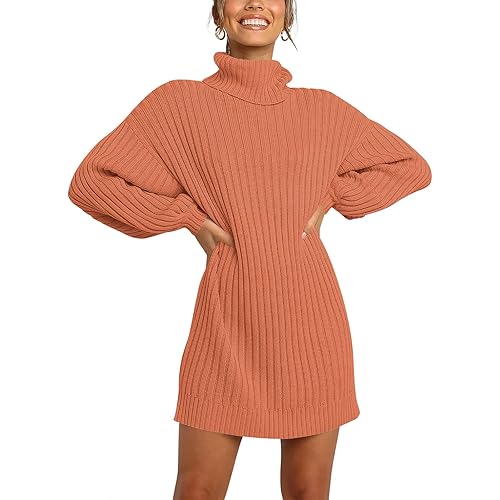 ANRABESS Women Turtleneck Long Lantern Sleeve Casual Loose Oversized Sweater Dress Soft Winter Pullover Dresses