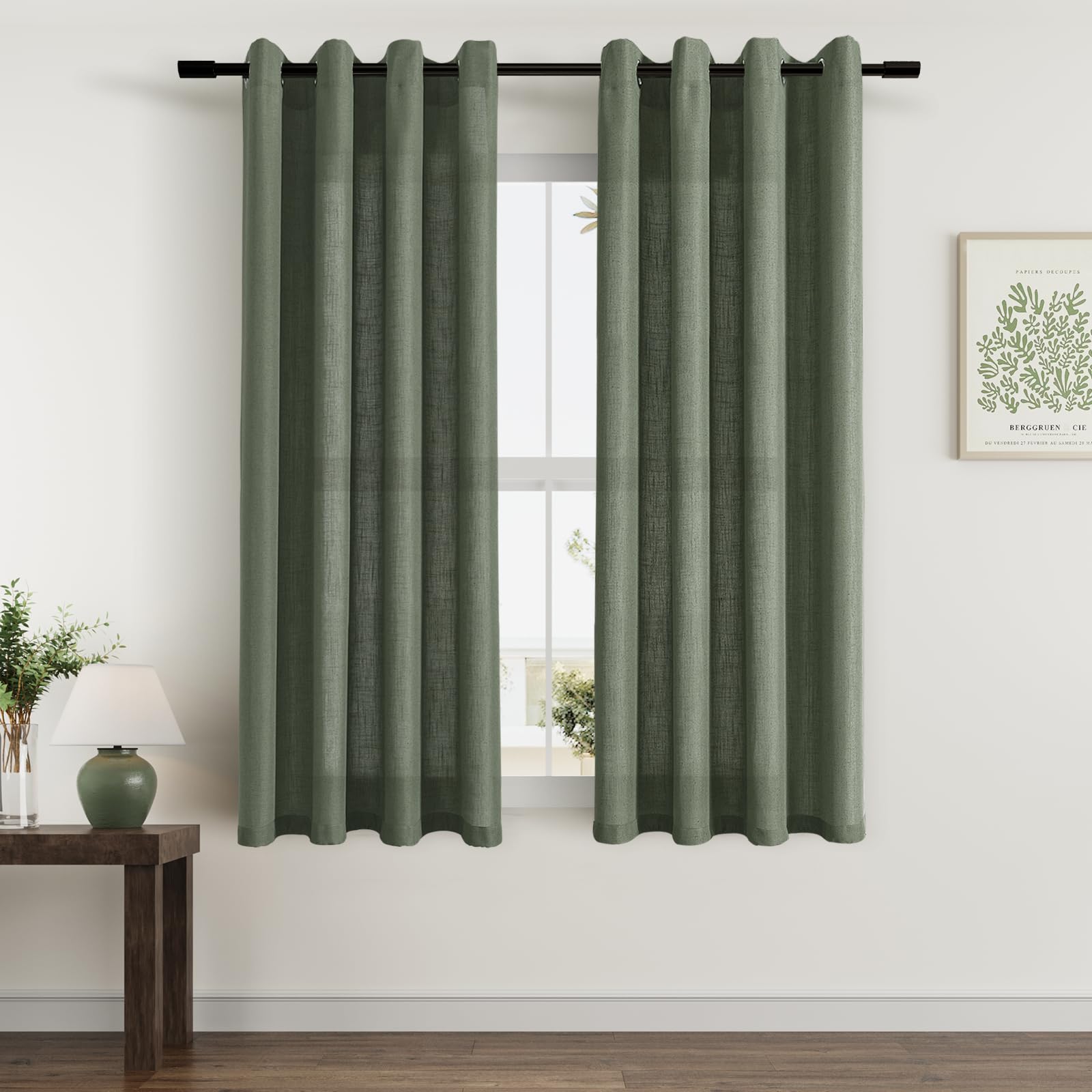 Olive Green Boho Curtains 63 Inch Length for Living Dining Room 2 Panels Set Grommet Light Filtering Linen Drapes Farmhouse Xmas Decor Semi Sheer Curtains for Bedroom Kitchen Window 63 Inches Long — image 1