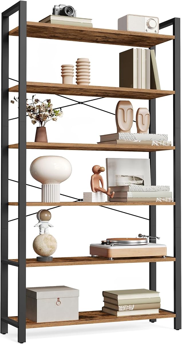 VASAGLE 6-Tier Bookshelf with Steel Frame, 31.5 x 11.8 x 72.6 Inches | Book Shelf, Modern Basic, Living Room, Home Office, Study, Rustic Brown and Matte Black, BARNET Collection ULLS082B01
