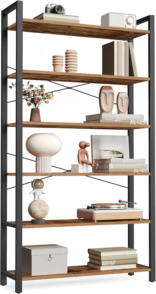 VASAGLE Estante de livros de 6 camadas, estante com moldura de aço, prateleira para sala de estar, escritório em casa, escritório, 21,8 x 81,5 x 73,2 polegadas, estilo industrial, marrom rústico e