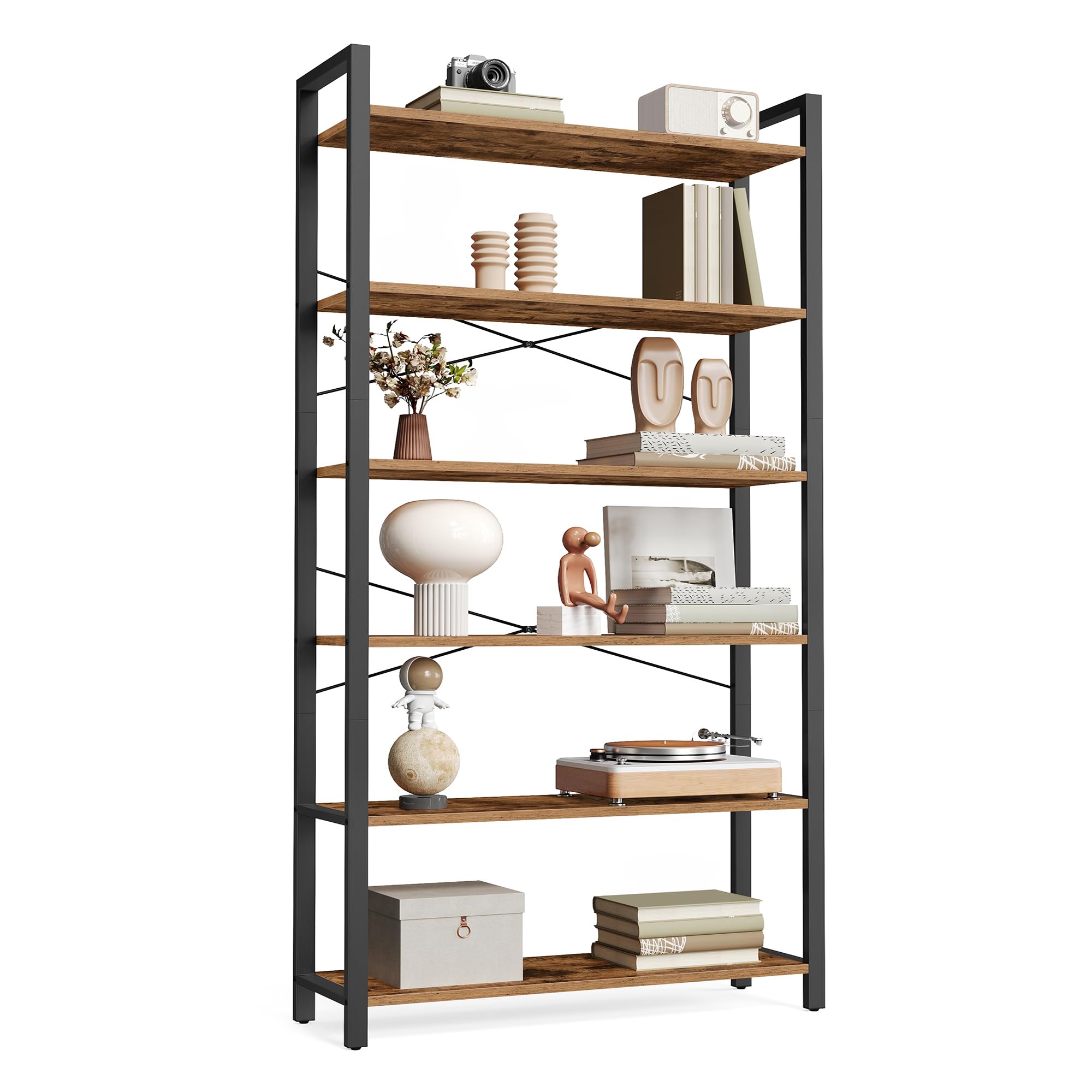 VASAGLE 6-Tier Bookshelf, Bookcase with Steel Frame, Book Shelf for Living Room, Home Office, Study, 11.8 x 31.5 x 73.2 Inches, Industrial Style, Rustic Brown and Ink Black ULLS082B01