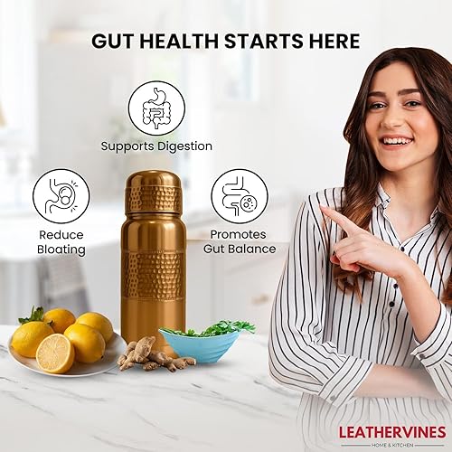 Vista 13 de Leathervine - Botella de agua de cobre 100 % puro para beber de 64 onzas con tapa, recipiente ayurvédico a prueba de fugas para apoyar la digestión