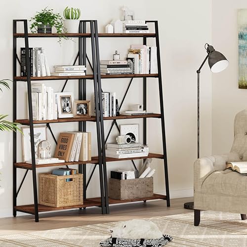Miniatura 8 de BON AUGURE Ladder Shelf Bookcase, 5-Tier Industrial Ladder Bookshelf, Tall Living Room Shelves, Wood and Metal Leaning Shelf for Home Office,