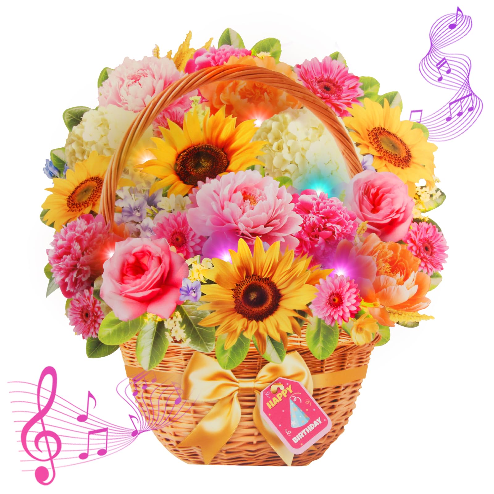 Birthday Cards with MUSIC & LIGHTS, Happy Birthday Card, Peony & Daisy, 11 Inch Life Sized Forever Flower Bouquet 3D Pop Up Music Cards for Mom Daughter Women Wife