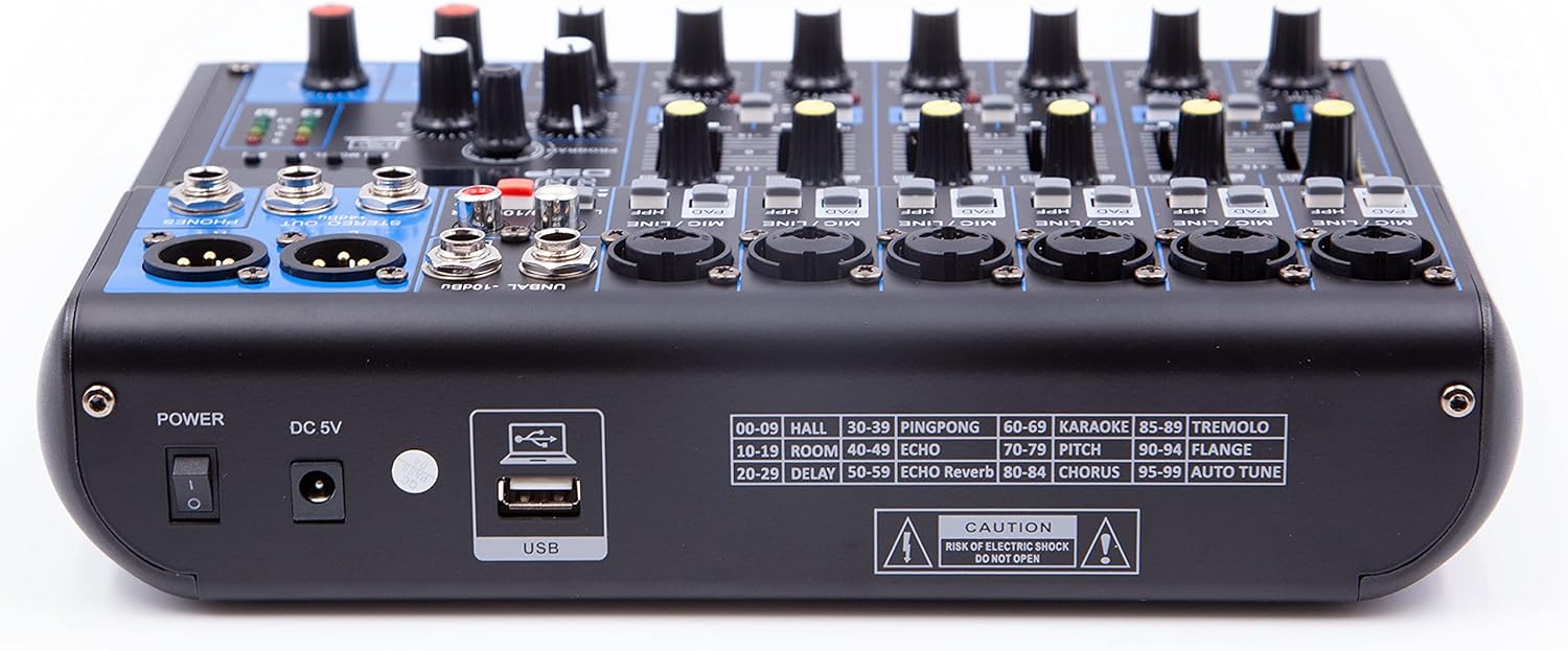 Rear view of EMB MX10BT mixer showing power input, USB port, and effect list