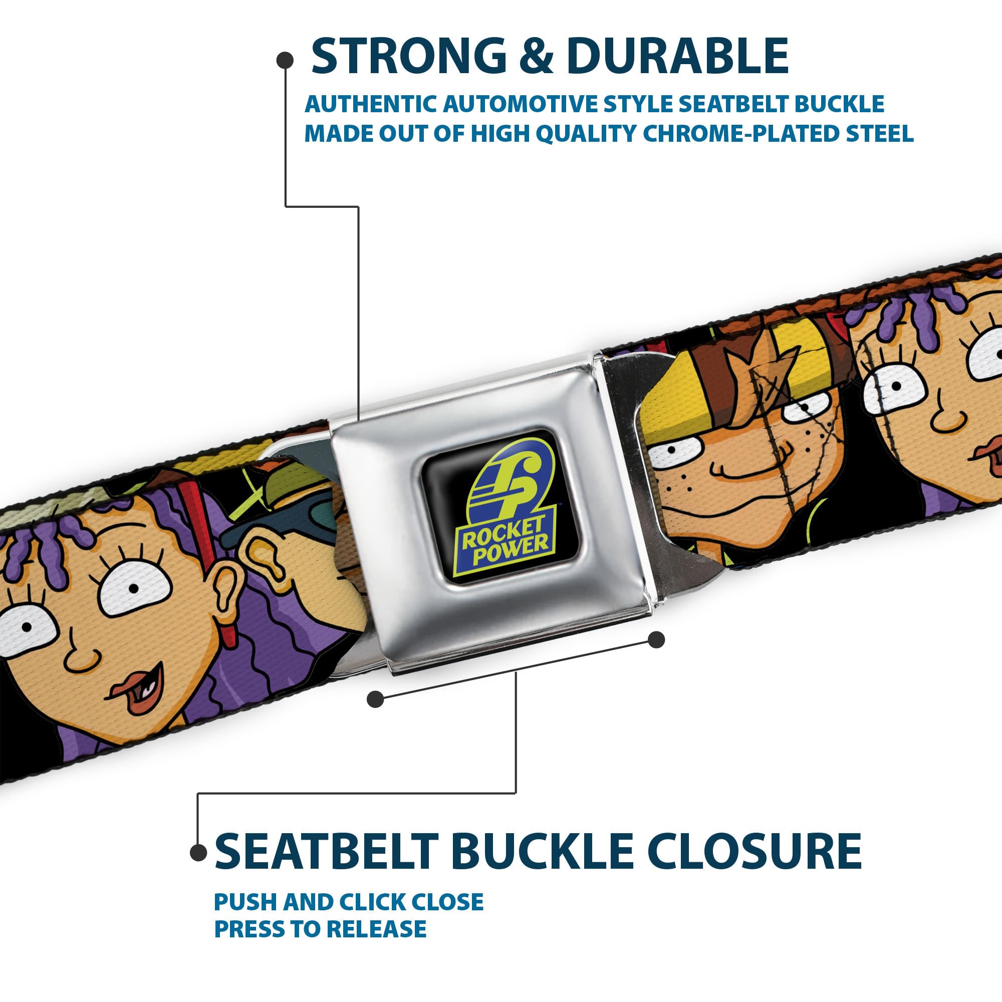 Buckle-Down Cinturón de Seguridad Hebilla Rocket Power Logo 4 Caracteres Primer Plano Negro Verde Azul 24 a 38 Pulgadas, 1.5" Wide-Fits Pant Size 24-38 Unisex Adulto
