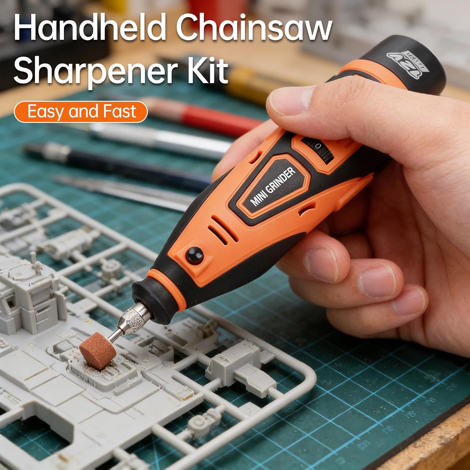 Hancaner Electric Chainsaw Sharpener Kit, Cordless Chain Saw Sharpener Tool with 12V Lithium Batteries Adjustable Speed 5000-37000RPM Sharpening Kit for Carving (US Plug 110V 2pcs Batteries +1