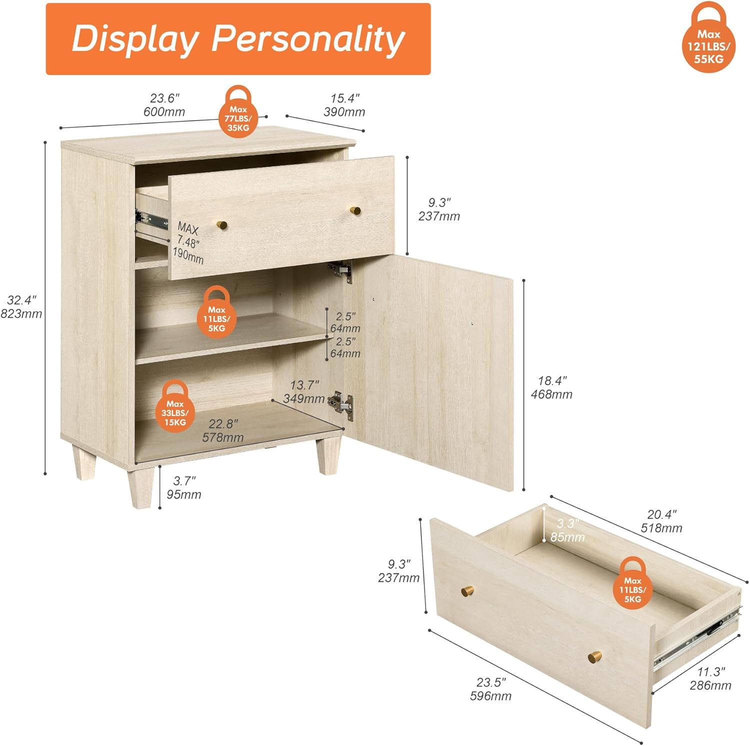 WAMPAT Buffet Cabinet with Drawer and Door for Kitchen, Modern Sideboard Wood Coffee Bar Buffet Table with Adjustable Storage Shelf for Dining Room, Living Room, Entryway, Hallway, Light Oak