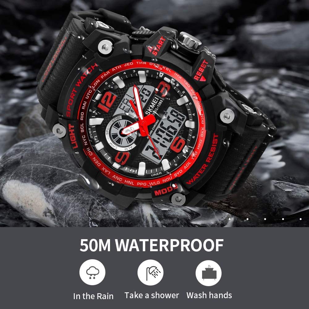 MASTOP Montre numérique pour homme - Étanche jusqu'à 50 m - Double cadran - Multifonctions - Analogique - Militaire - Sports de plein air - Étanche