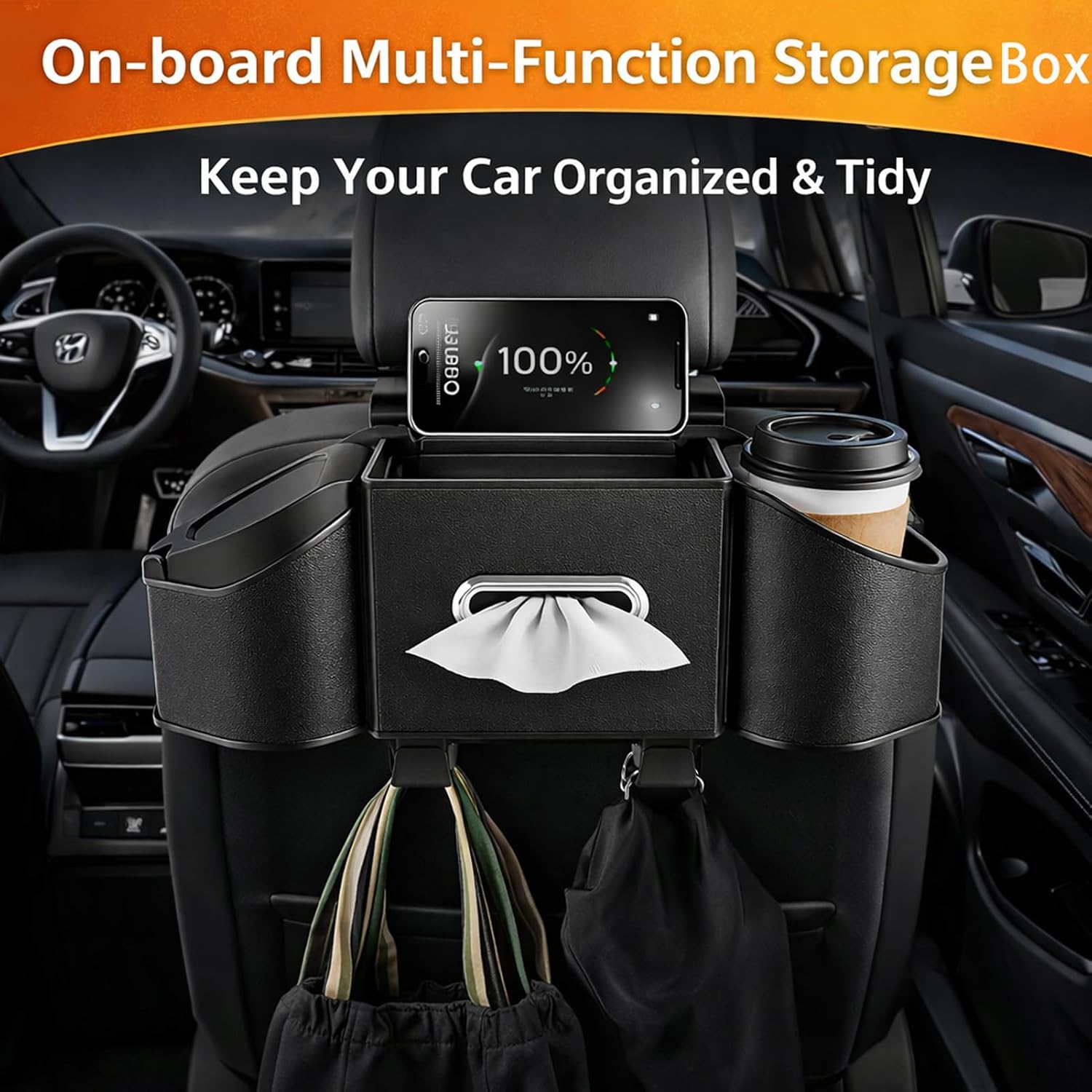 4-in-1 Car Back Seat Organizer, Leather Multifunctional Car Storage Box with Cup Holders, Seat Organizer for Phone, Snacks, Drinks & Handbag (Black)