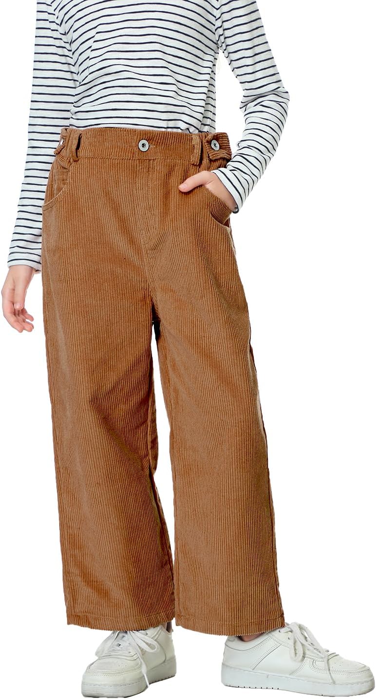 Rolanko Girls Wide Leg Corduroy Pants High Waist Trousers Vintage Kids Pants Streetwear Casual 4-12 Years 8-9 Years Brown