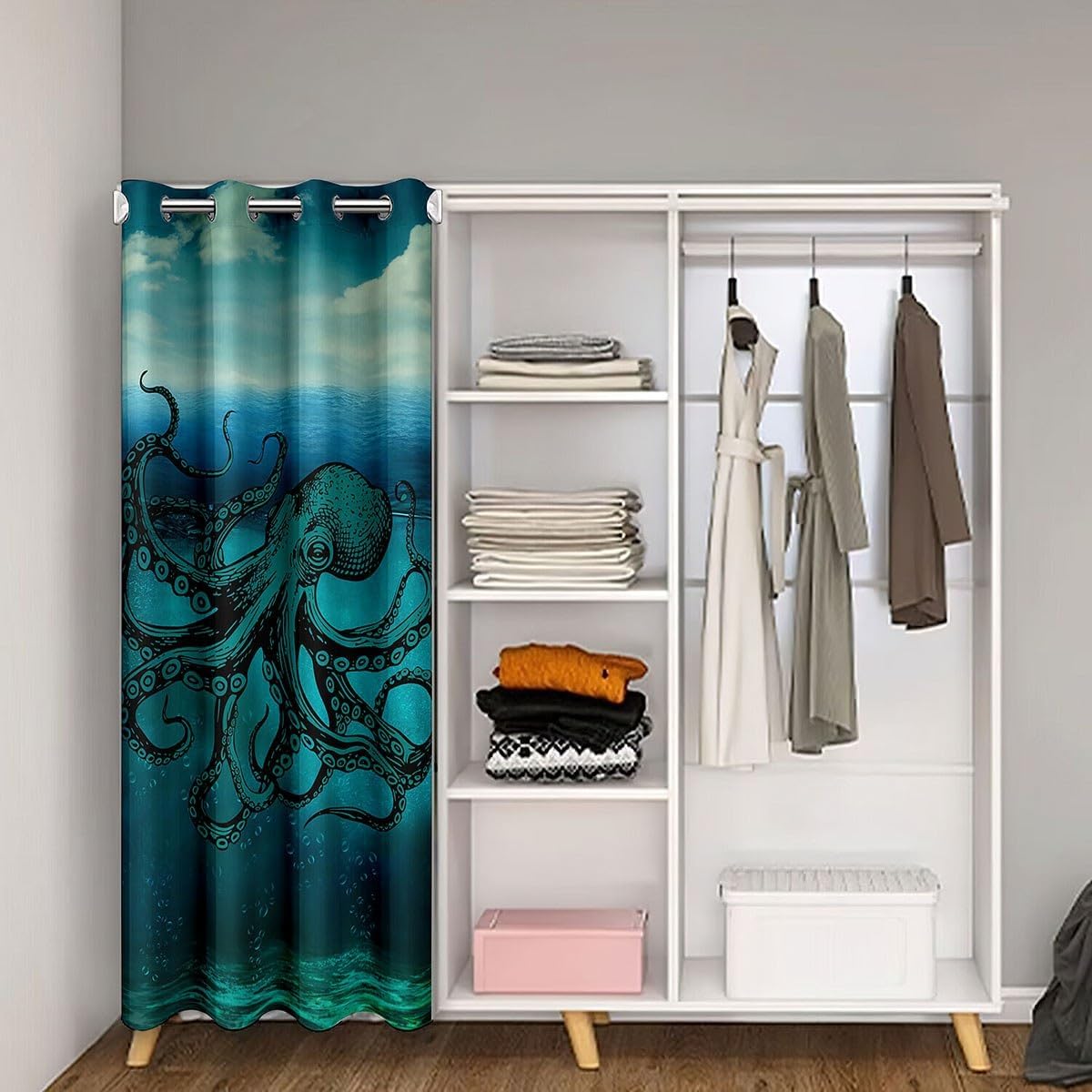 Octopus 34"W X 80"L Door Curtain For Doorway Privacy Darkening,Blue Tentacle Door Drape For Kids Boys Adult,Marine Coastal Sealife Blackout Curtain,World Oasis Closet Curtain,Black Green
