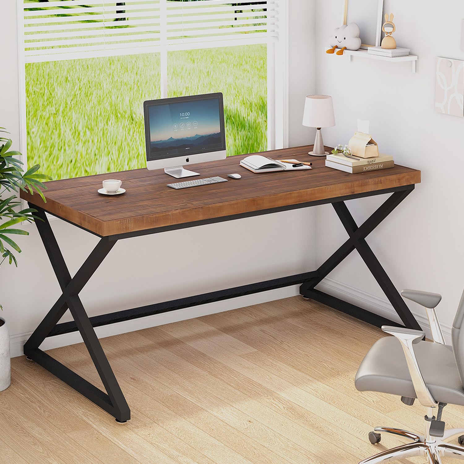 IBF Real Wood Computer Desk, Rustic Solid Wood Home Office Work Desk, Farmhouse WritingDesk for Study, Simple Fir Wooden PC Table Workstation for Living Room Bedroom, Brown, 120 CM