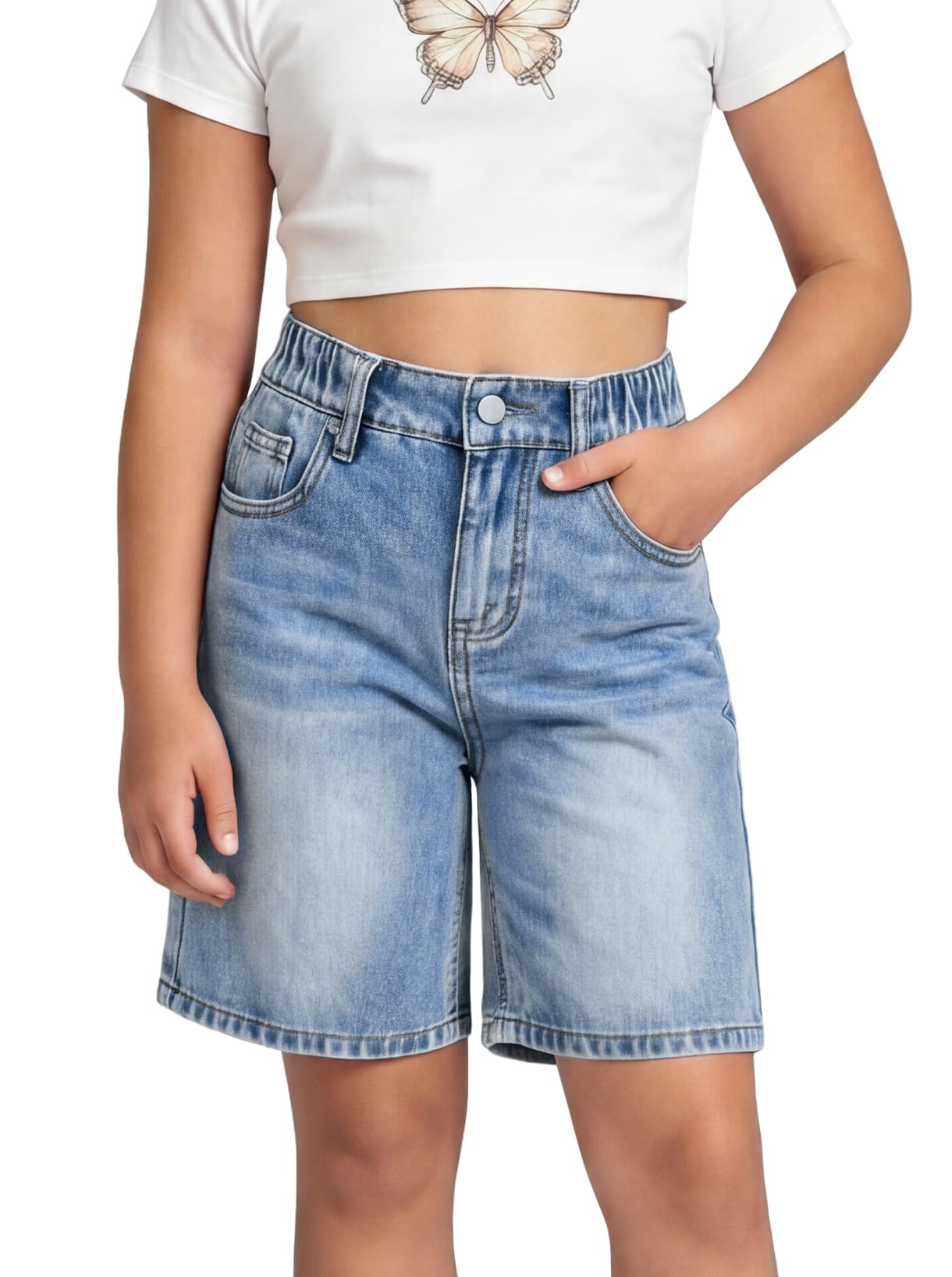 Maeau Pantaloncini di jeans da ragazza di media lunghezza cargo denim jorts larghi a vita alta bottone jeans larghi jorts gamba dritta adolescenti bambini ragazze scuola casual quotidiano streetwear