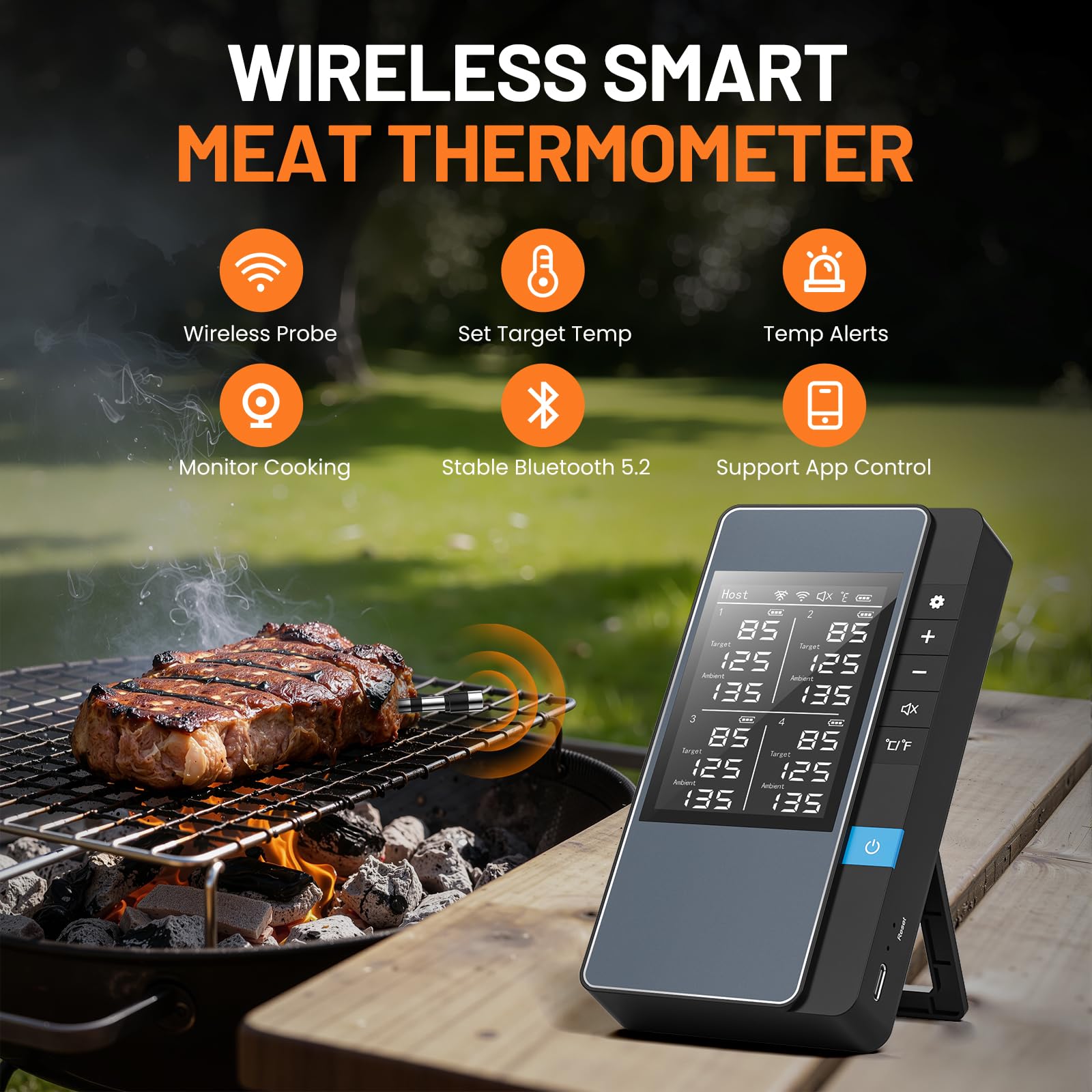 Smart Bluetooth Wireless Meat Thermometer, Real-Time Monitoring Control Digital Thermometer with Smart App, 4 Meat Probes IP67 Waterproof High Accuracy Perfect for BBQ, Oven, Grill & Smoker