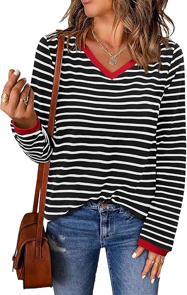 ONLYSHE Women's Casual Striped Long Sleeve Tops Crew Neck Knit Basic Loose Fit T Shirts Fall Fashion Tunic Outfits