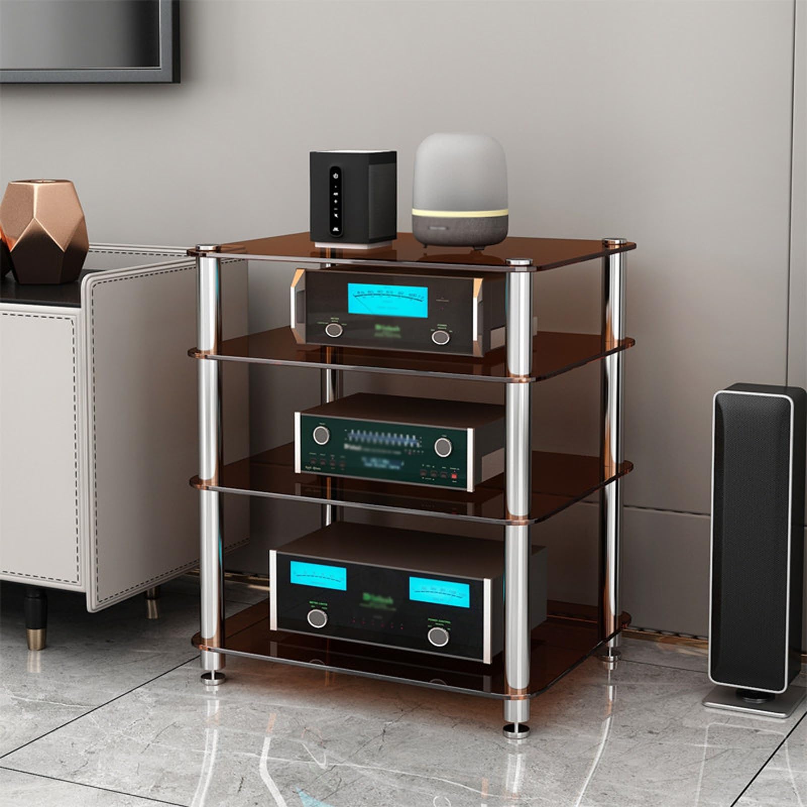 4-Tier o Rack nd con temperato s scaffali, Ma Sto Tower per AV Equint, Slish Brown Receiver Cabinet per soggiorno & Studio Uso