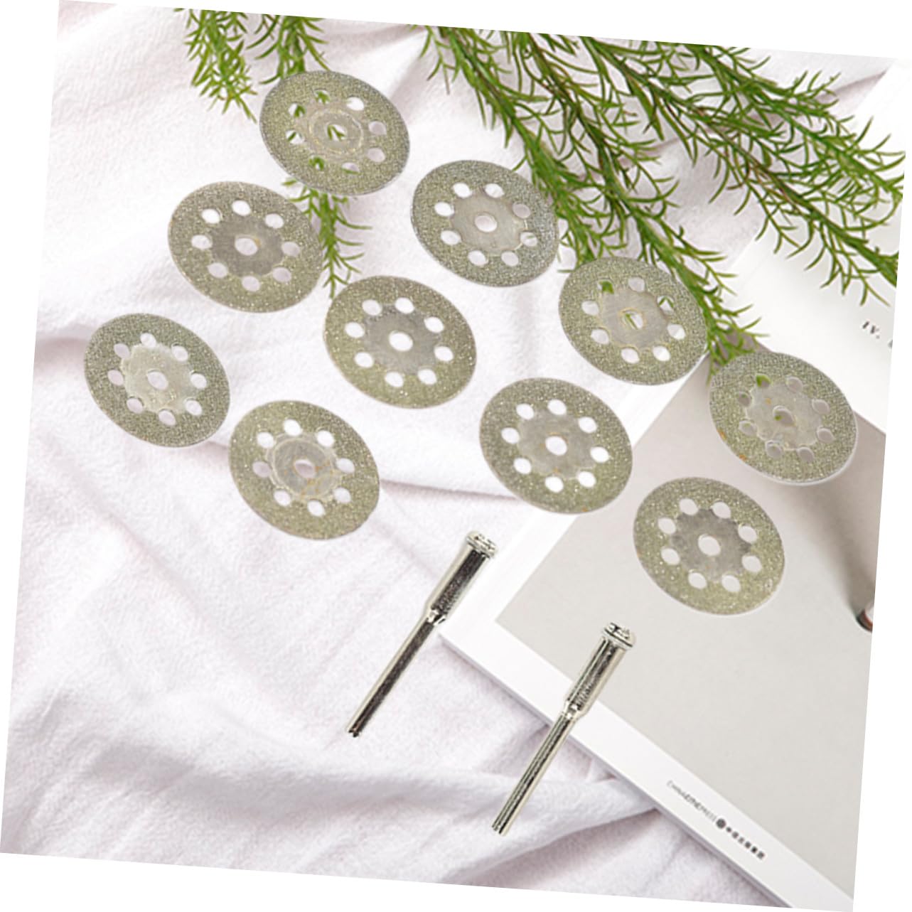 Mini Diamond Cutting Discs for Rotary Tools, 25mm 10 Pieces | Carborundum Build, 8 Hole Design, 2 Rods Included, Silver Finish, Suitable for Ceramics and Carbide