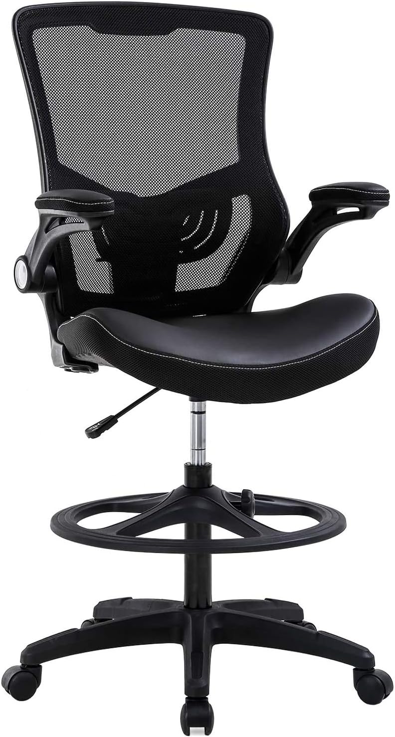 Simple Chic Home Office Drafting Chair Ergonomic Tall Office Chair with Flip Up Arms Foot Rest Back Support Adjustable Height Mesh Drafting Stool for Standing Desk, Best Home Office Chair - Black