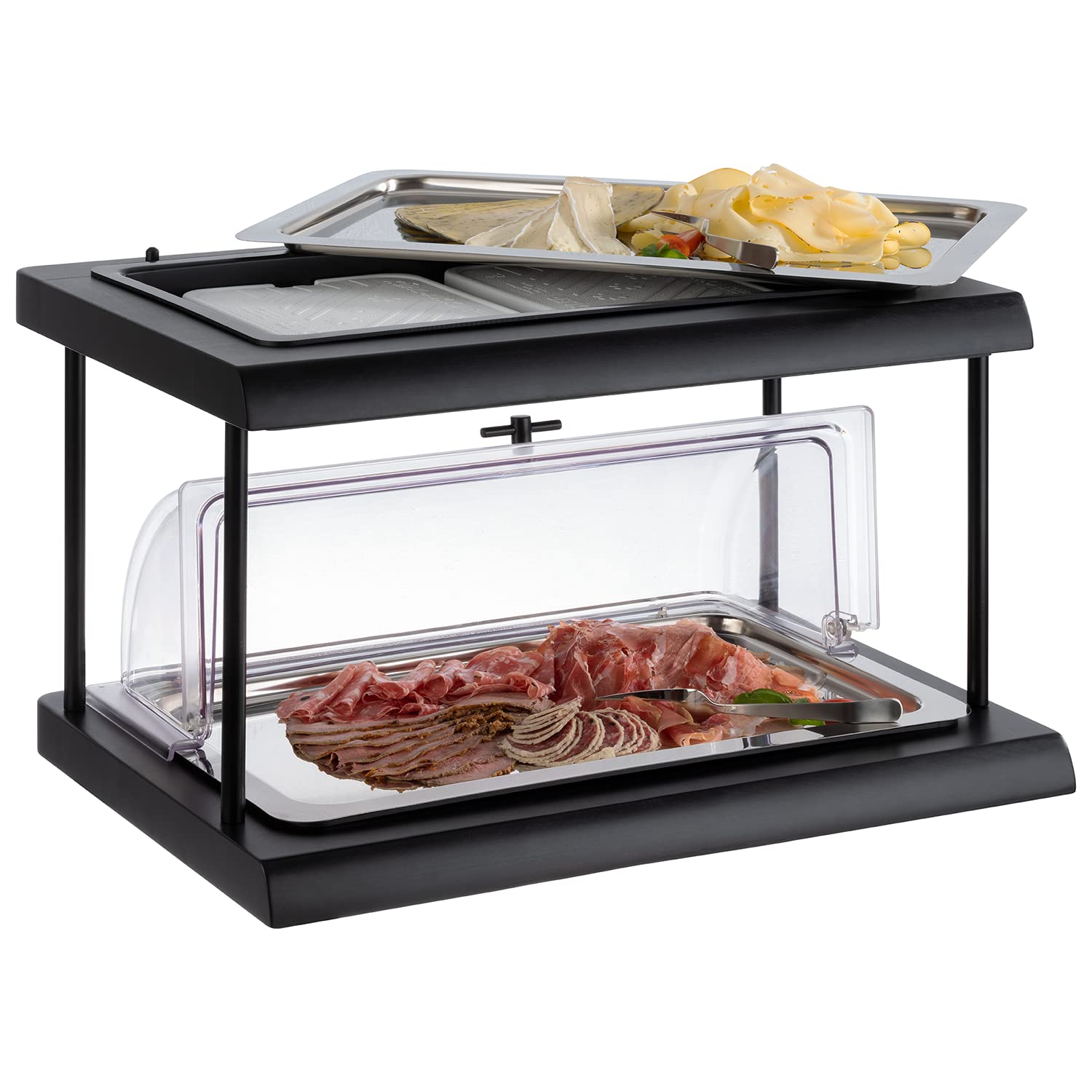 APS 11547 Buffet Vitrine Doppeldecker aus Buchenholz in schwarz mit Kunststoffwanne, 60 x 41 cm, H: 5 cm, inkl. GN 1/1 Tablett aus 18/10 Edelstahl und 2 Kühlakkus