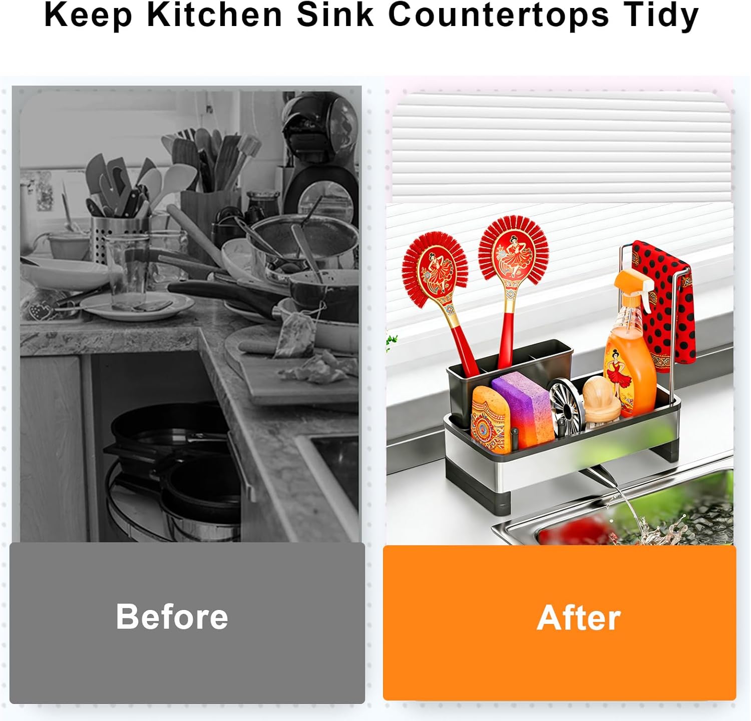 Sponge Holder for Kitchen Sink, Stainless Steel Sink Caddy with Brush Holder, Dishcloth Rack and Holds Soap Dispenser, Auto-Drain Rustproof Countertop Organizer (White) - Image 5