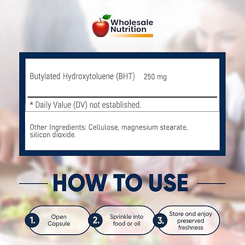 Miniatura 7 de Wholesale Nutrition BHT - Cápsulas de hidroxitolueno butilado de 250 mg para hombres y mujeres, conservante de grado alimenticio y poderoso