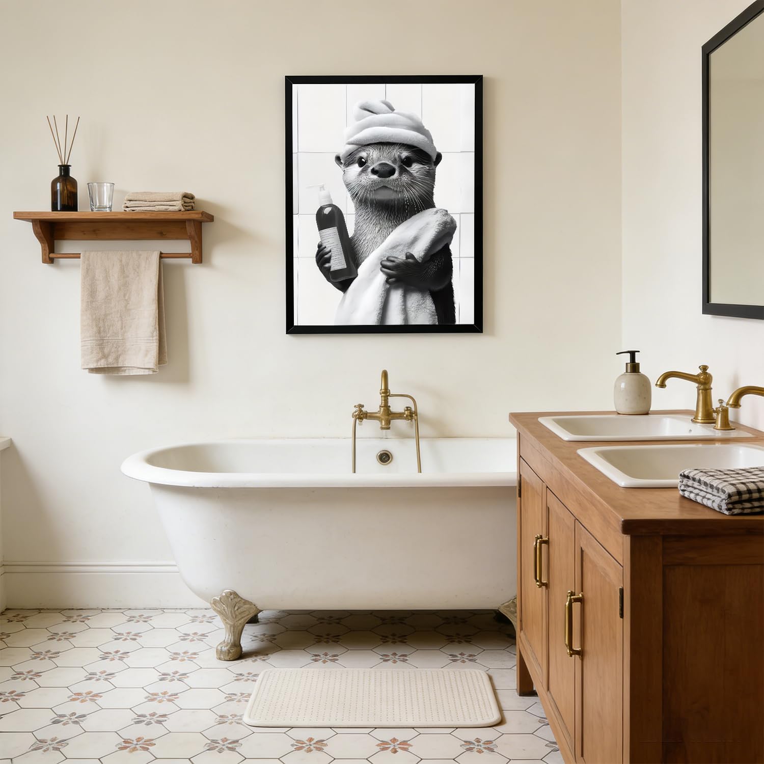 Framed Black and White Bathroom Canvas Wall Art Funny Otter Is Getting Ready Bath Painting picture Wall Decor Farmhouse Humor Animal Poster Print Artwork for Bathroom Restroom Home Decoration 16x24 in