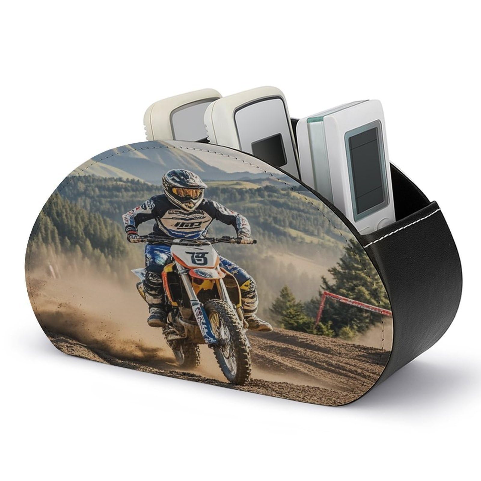 FekiLoot Motocross Remote Control Holder with 5 Compartments - PU Leather Remote Caddy Desktop Organizer, Personalized TV Media Remote Storage Box for Home Coffee Desk Accessories