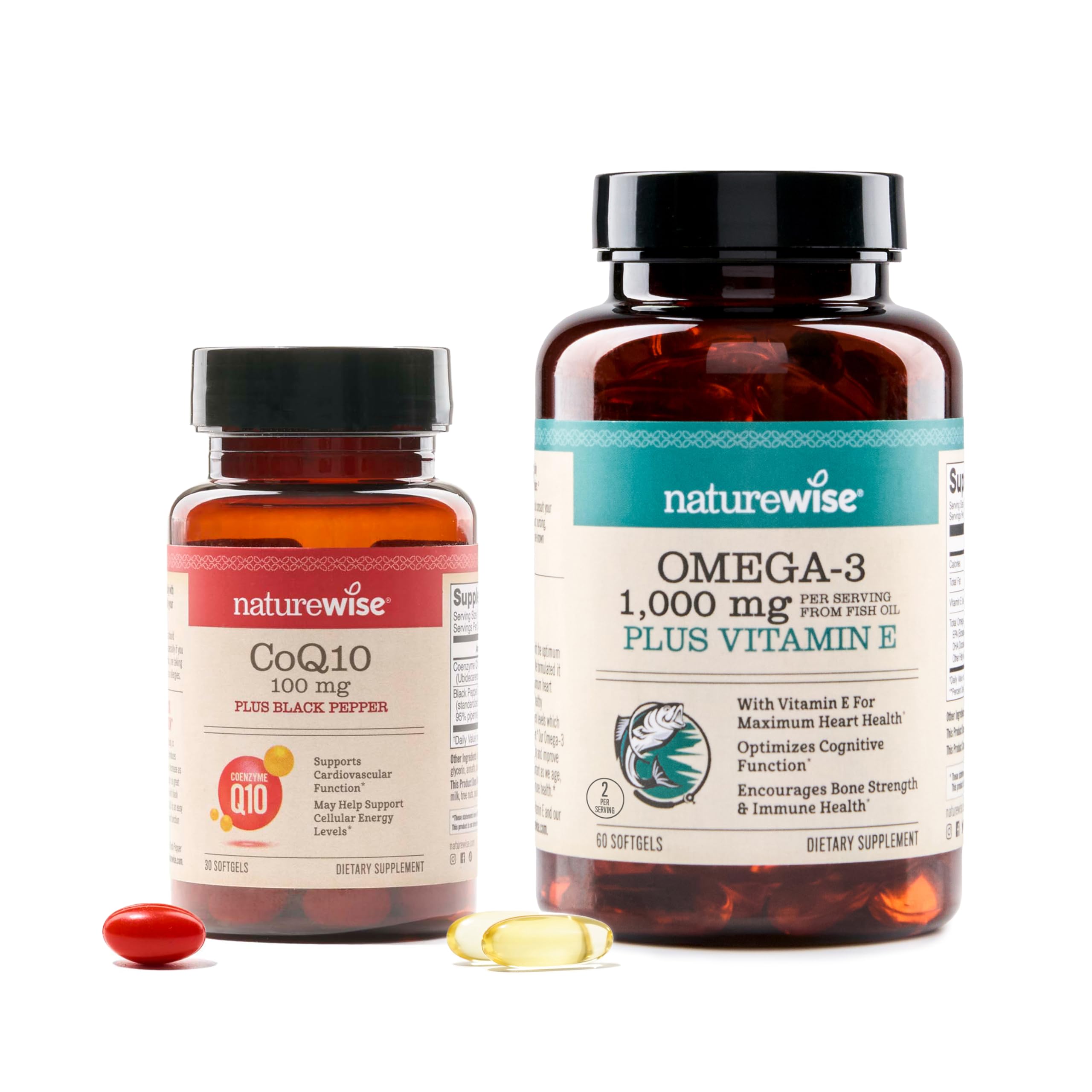 NatureWise [1] CoQ10 100mg + Black Pepper, High Absorption - 30 Softgels[30-Day Supply] + [1] Omega 3 Fish Oil 1000mg + Vitamin E - Wild-Caught - 60 Softgels[30
