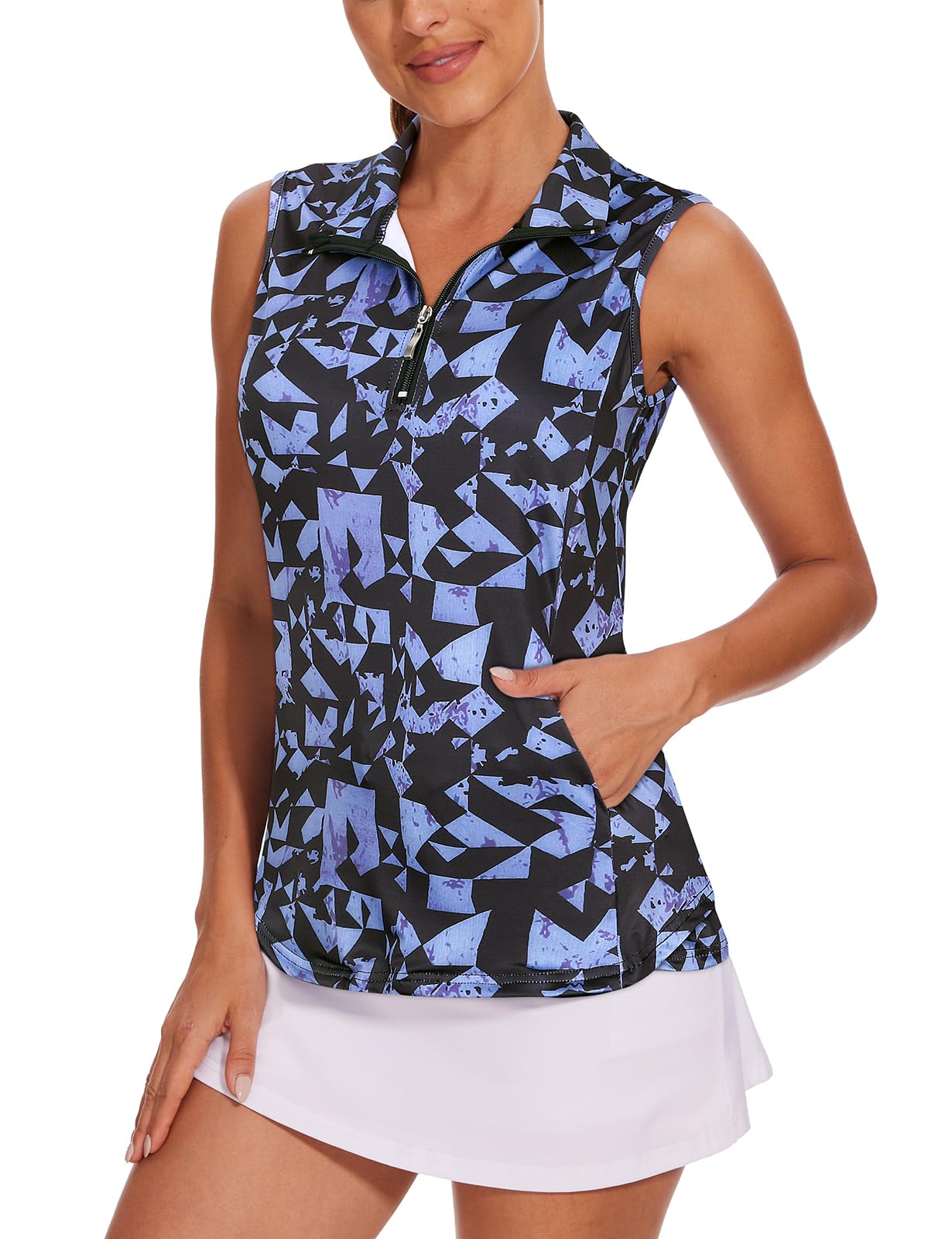 Tanst Sky Womens Sleeveless Golf Shirt Zip Up Workout Tops with Pockets