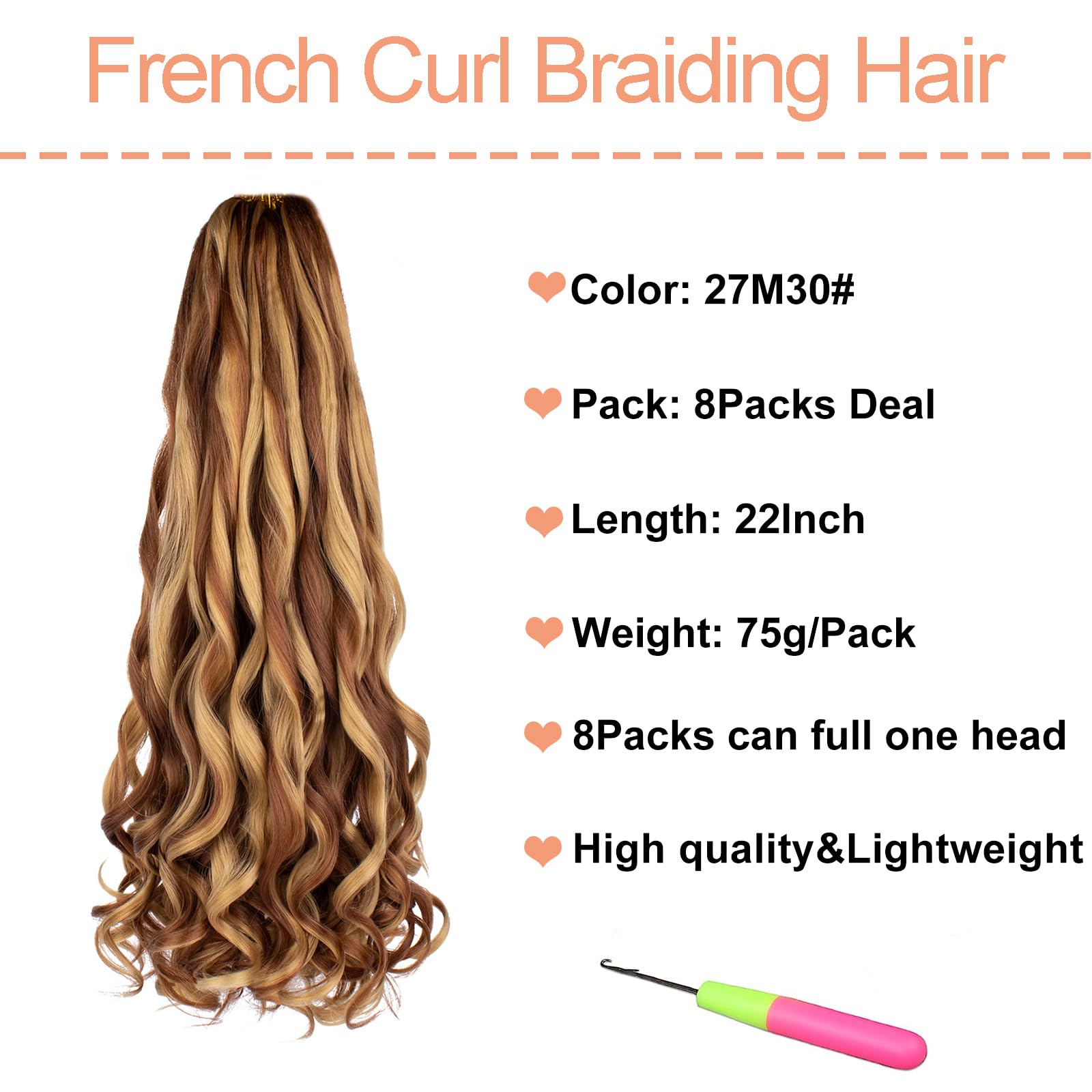 Mscat 22 Inch 8 Packs Pre Stretched French Curly Braiding Hair Loose Wave Bouncy Hair Extensions 27M30#, 22 Inch (Pack of 8) - Image 2