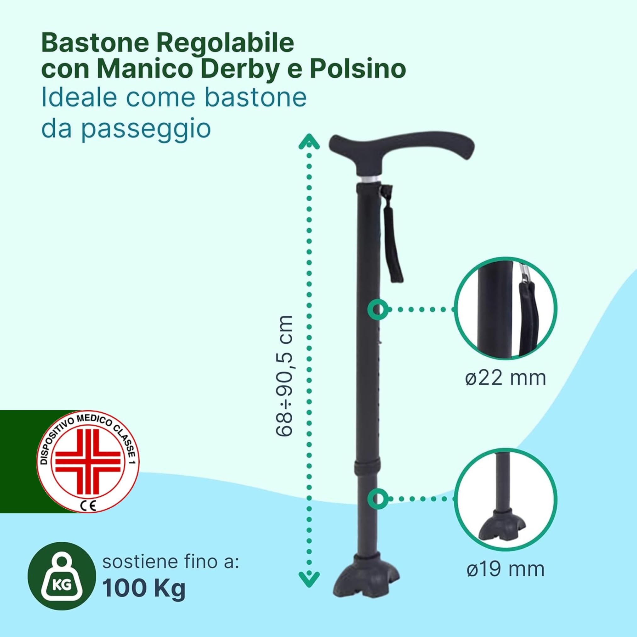 Bastone per Anziani in Alluminio con Manico Derby in ABS-TPR, Bastone da Passeggio Leggero Regolabile H. 68-90,5cm, Portata 100kg