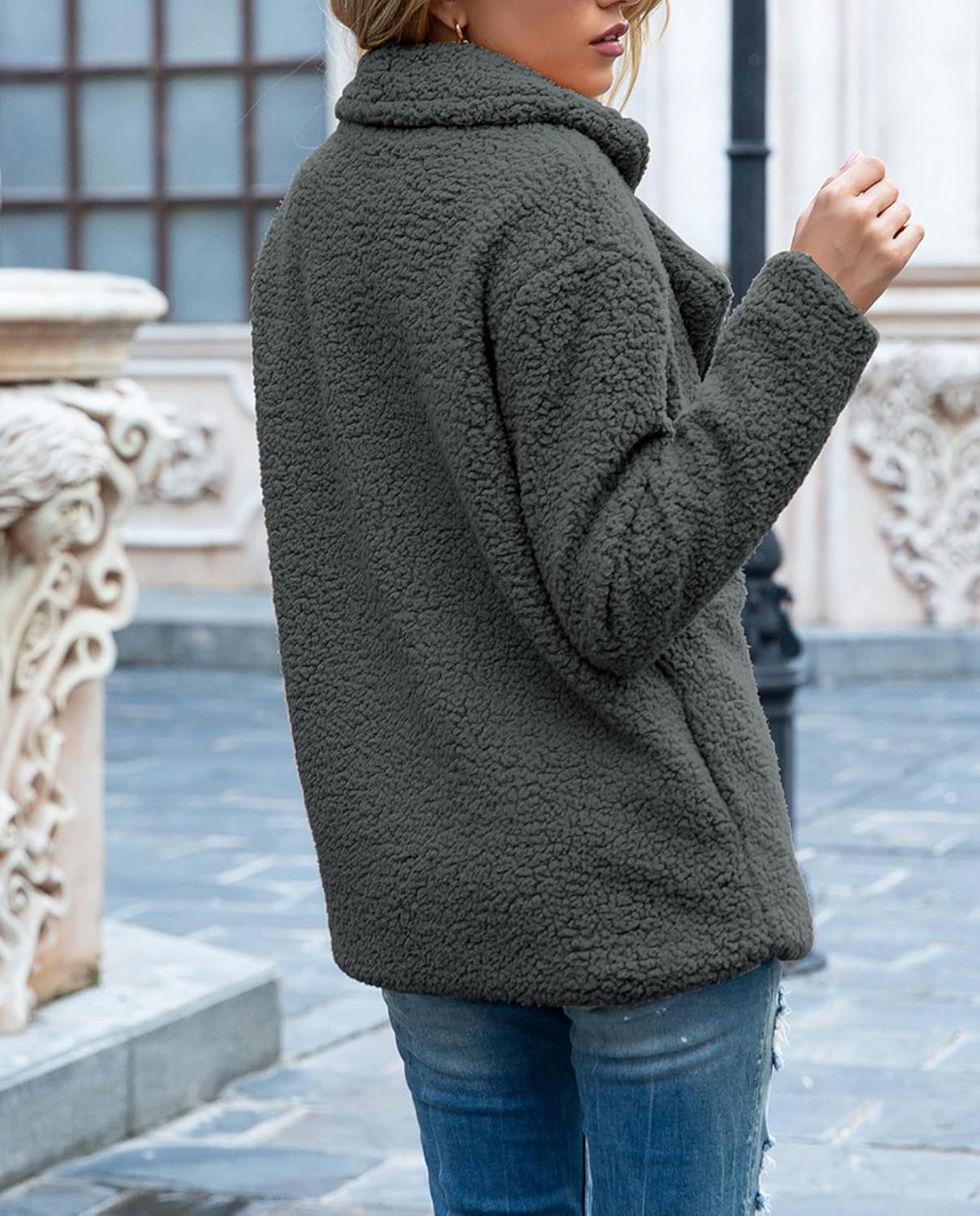 Women's Winter Warm Plush Cardigan Fuzzy Fleece Lapel Jacket with Buttons Pockets Long Sleeve Casual Outerwear - Image 6