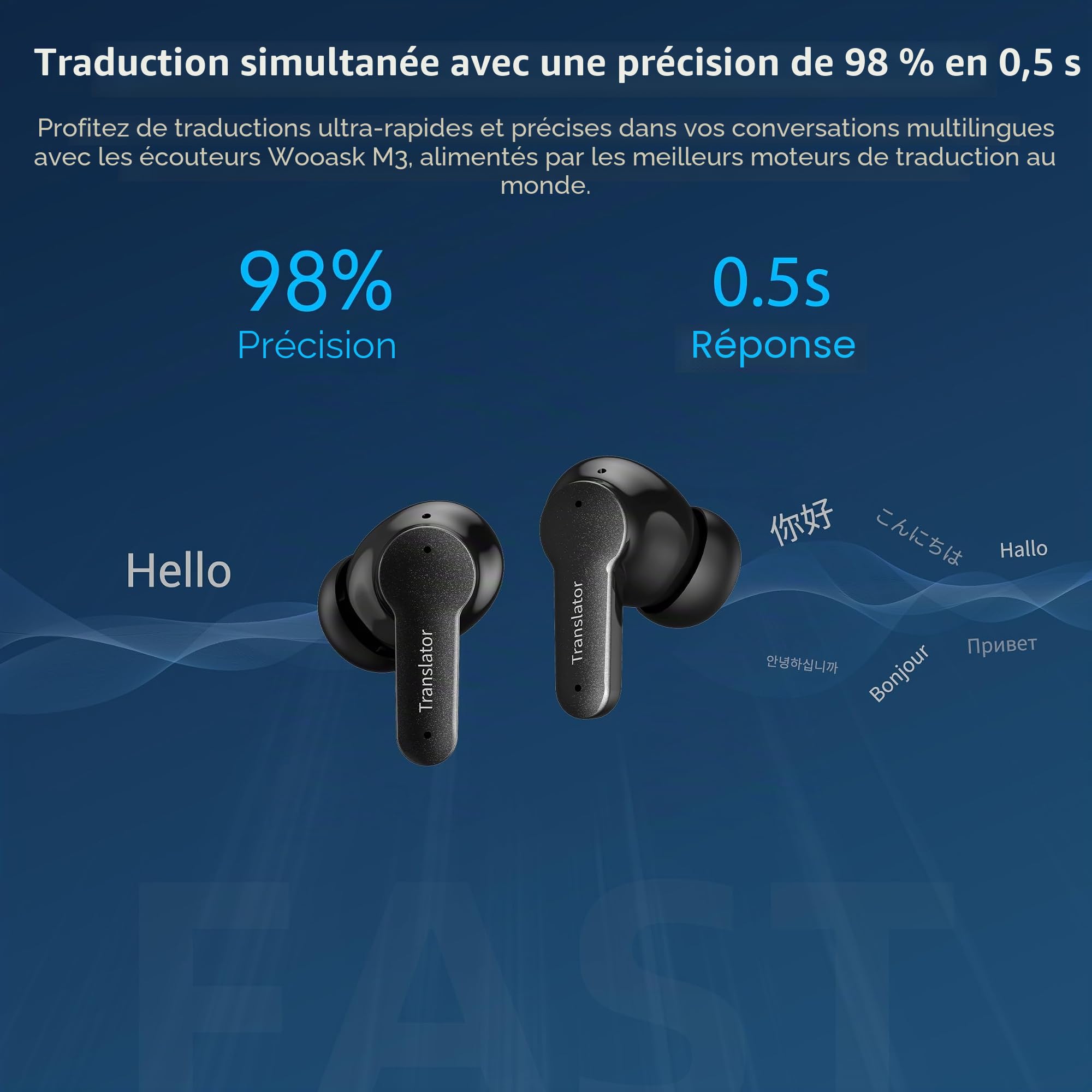 Anfier M3 Écouteurs de traducteur en temps réel avec 98 % de précision et réponse rapide en 0,5 s (sans emballage hors ligne) Noir