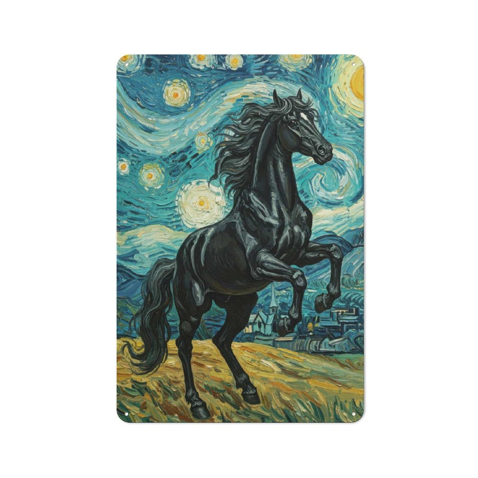Junmoney Style-14 Kitchen Metal Sign With Black Horse In Starry Night Style Design 30X20cm, Cosy Kitchen Wall Decor For Coffee Bar, Kitchen, Bistro Or Tea Corner