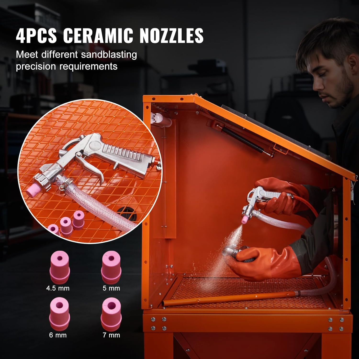 Close-up of the sandblasting gun and various ceramic nozzles