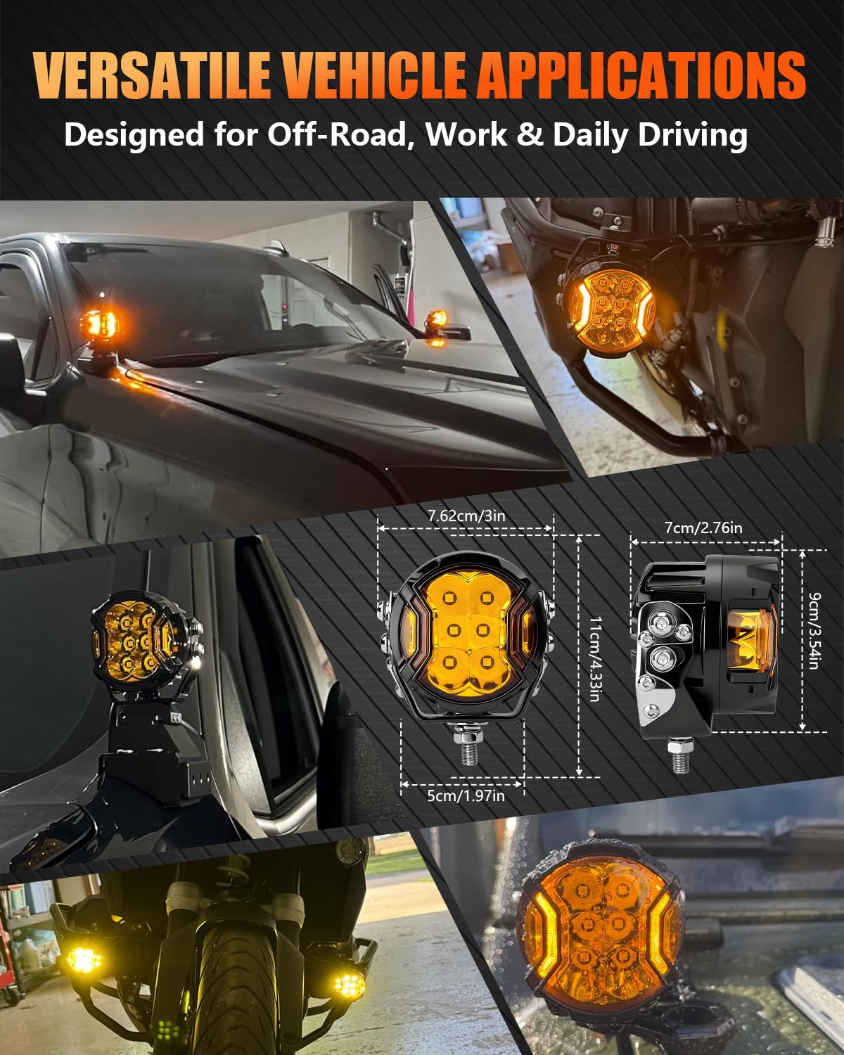 Chelhead 3 Zoll LED Arbeitsscheinwerfer gelb mit DRL,IP68 Wasserdicht | 108W LED Spotlicht mit gelbem DRL, IP68 geschützt und geeignet für 12V-24V LKW, Pickup, SUV und Offroad-Fahrzeuge