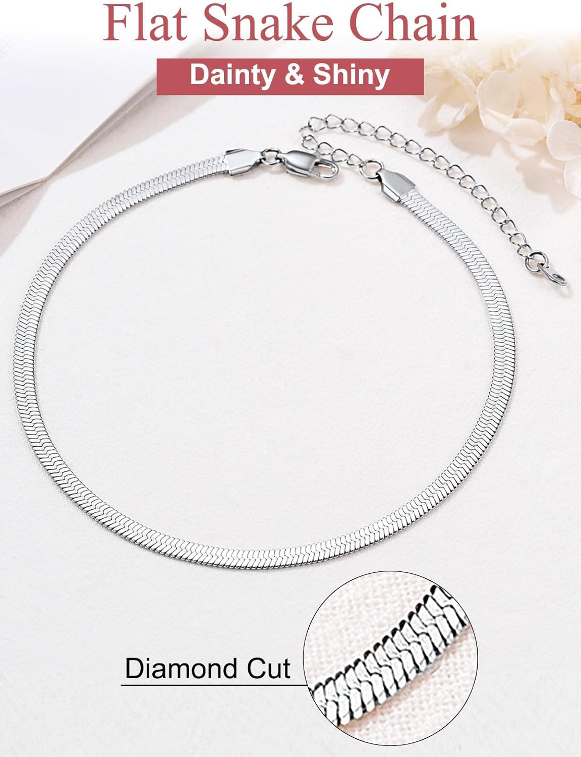 FOCALOOK 14K Gold Plated Necklaces for Women, Fashion Herringbone Choker Necklace Stainless Steel Flat Snake Chain 3/5MM(W) 12.5"/15"/18"+3.5"(L) - Image 5