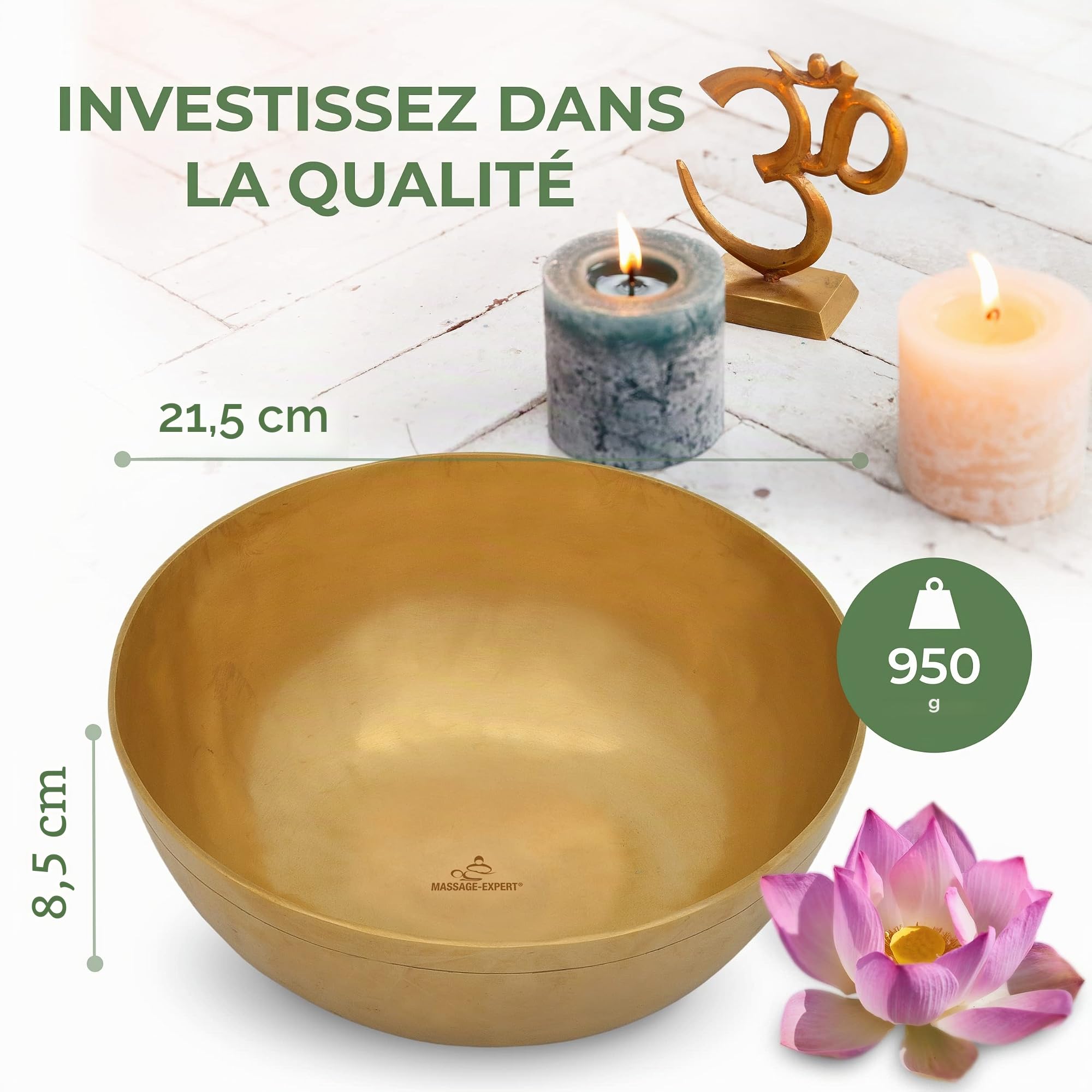 Bol Chantant Tibétain - Bol Universel, Ø 21,5 cm, 950 g, Large spectre sonore pour massage sonore efficace et thérapie sonore du corps tout entier, Qualité Professionnelle