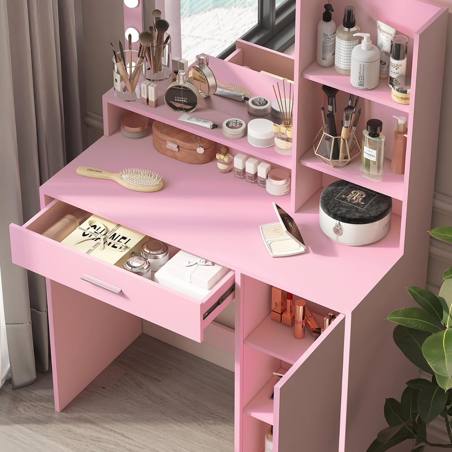 Vanity Table with Mirror, 2 Drawers and 3-Tier Storage Makeup Vanity Desk, 12 LED Lights and 3 Color Lighting Modes, Perfect for Bedroom and Dressing Room Vanity Area (Pink)