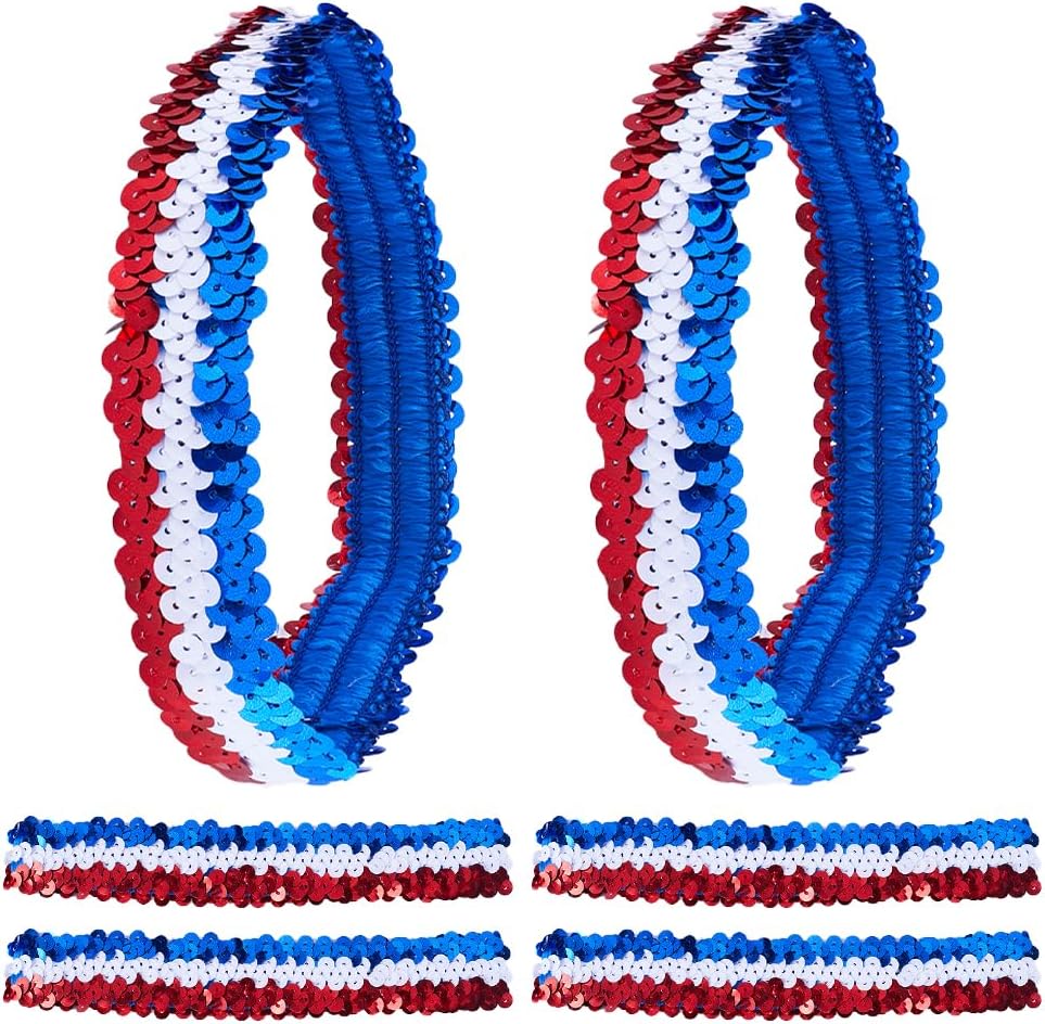 GORGECRAFT 10 Pack Sequin Headbands Elastic Stretch Sparkly Fashion Headband Adjustable Hair Band Accessories Set for Teens Women Hairband Sport Head Band Party Favors, Red-Blue-White Stitching