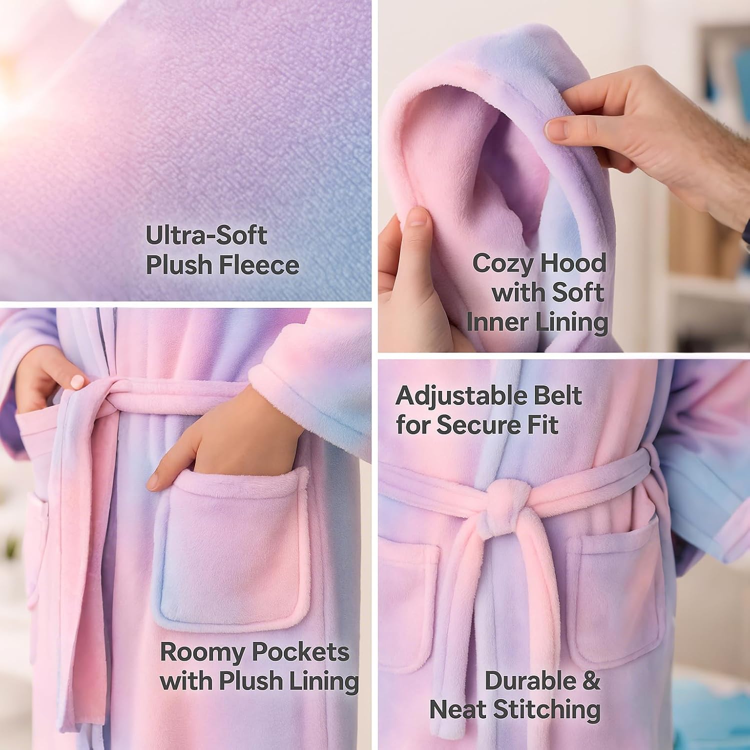 ACTLATI Girls Hooded Plush Bathrobe Full Length – Soft Fleece Robe with Belt & Pockets, Long Kids Robe for Girls Ages 3-13 - Image 4