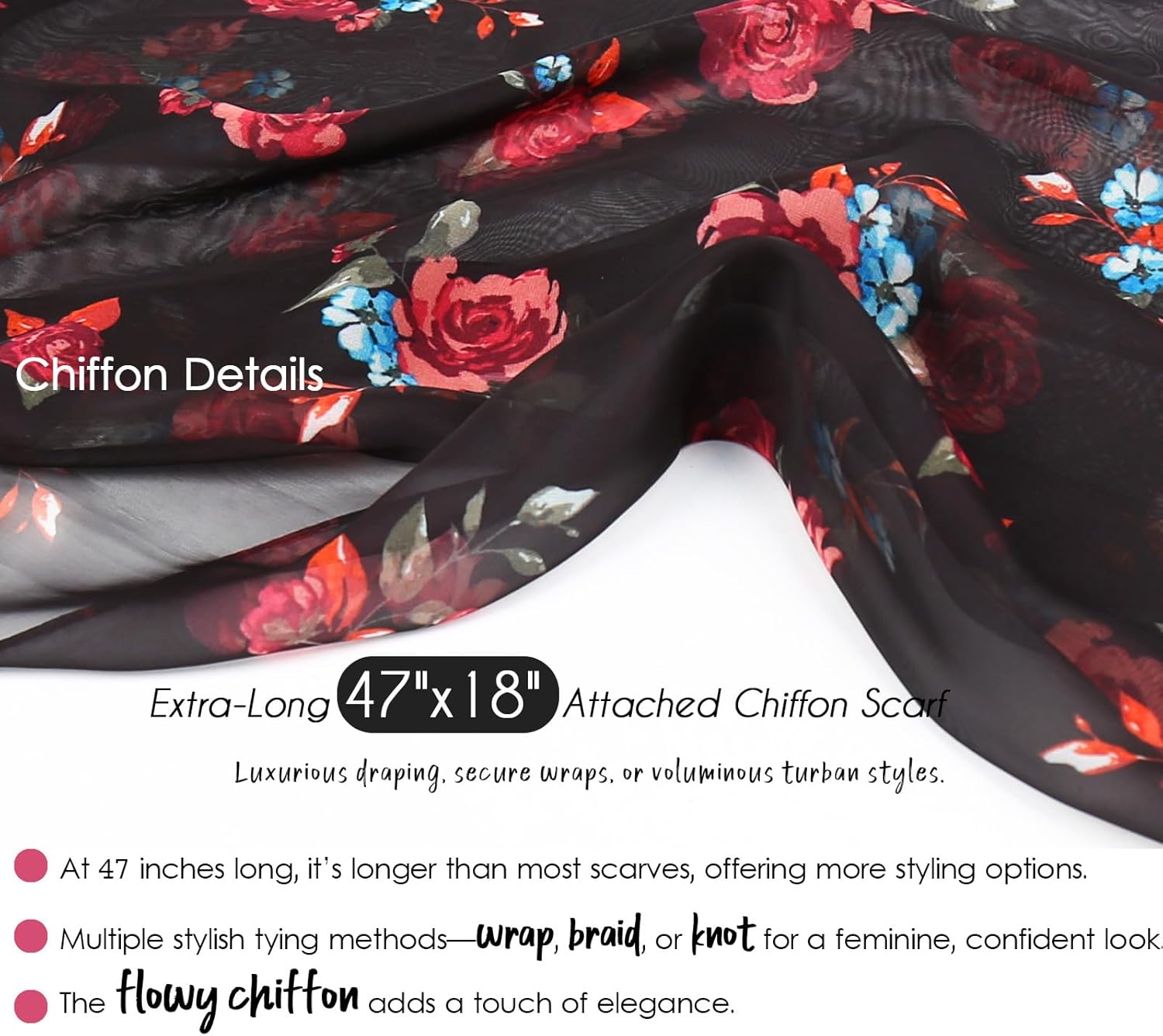 Chemo Hats for Women – Extra Long 47" Chiffon Scarf – Soft Cancer Headwear for Hair Loss – Stylish Chemo Caps - Image 4